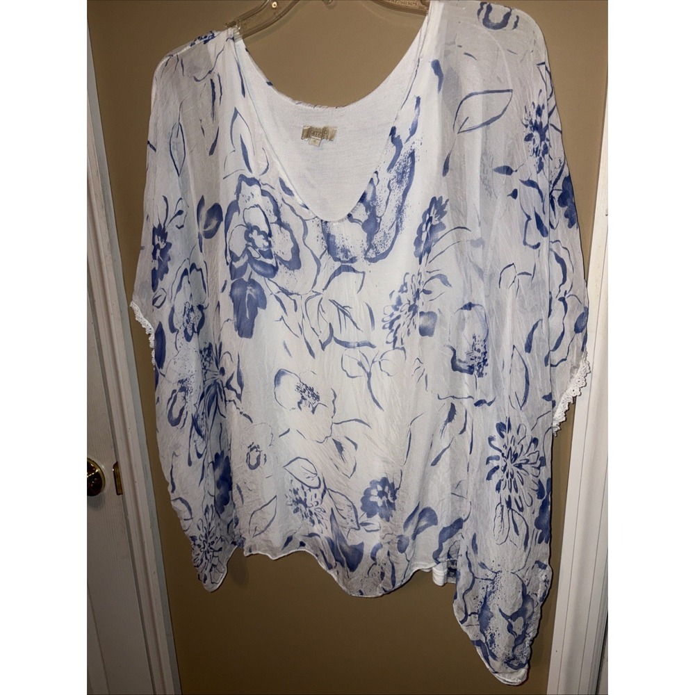 Ambra Made In Italy Sz S Blue White Floral Print Silk Overlay Poncho Blouse Top
